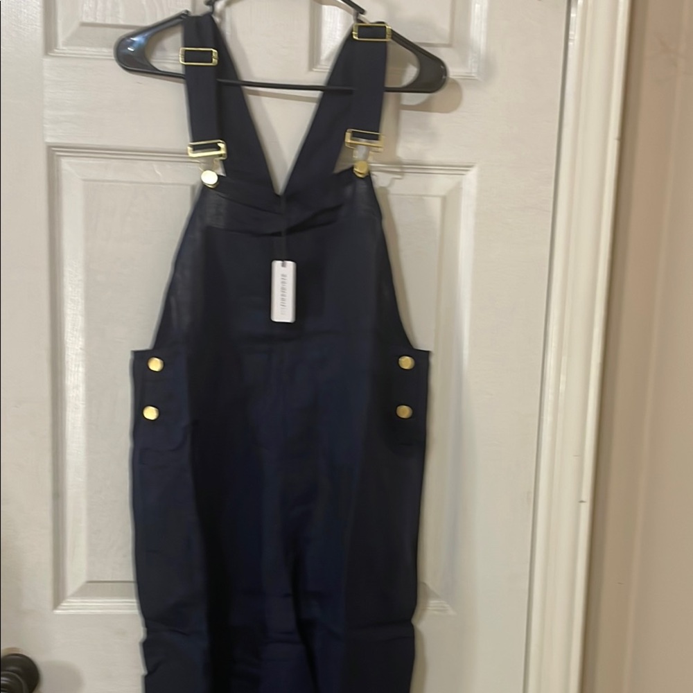 WeWoreWhat Linen Navy Jumpsuit with Gold Accents